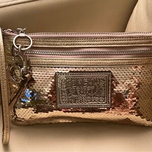 COACH Poppy Metallic Sequinned Wristlet Wallet Clutch Purse Gold Silver New